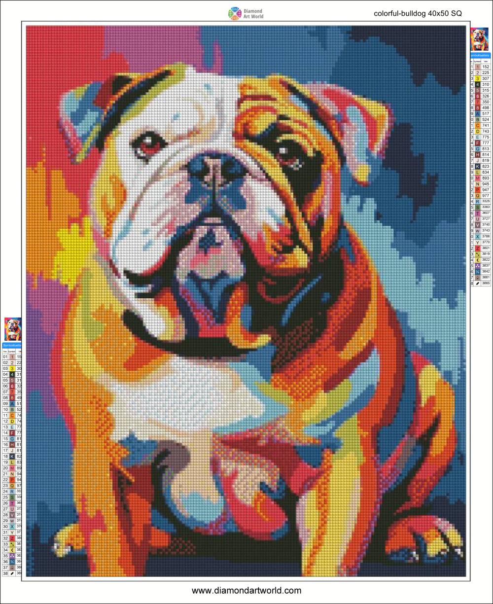 Colorful diamond painting of a bulldog on a digital platform. Colorful Bulldog - Diamond painting layout