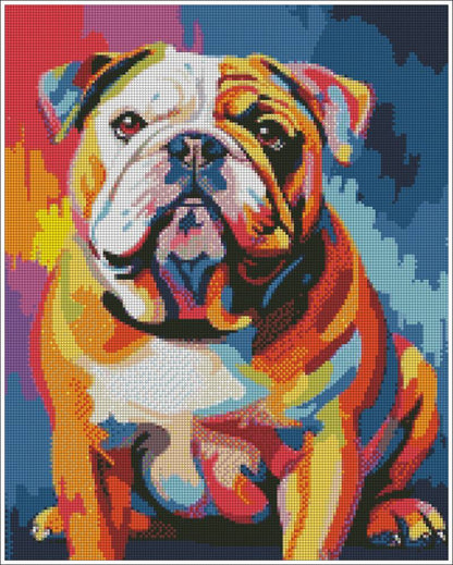 Colorful diamond painting of a bulldog on a dark background. Colorful Bulldog - Diamond art