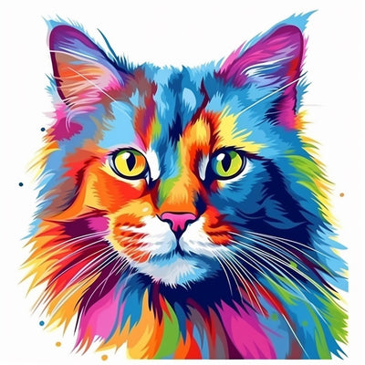 A colorful, stylized digital illustration of a fluffy cat's face on a plain white background. The artwork uses bright, saturated hues including blue, pink, orange, yellow, green, and purple in a painterly, graphic pattern. Colorful Cat - Diamond Painting