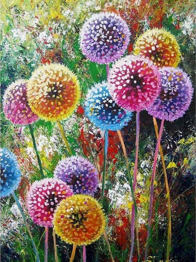 Vibrant impressionistic painting of colorful dandelion-like flowers in pink, purple, yellow, blue, and orange against a lush green and multicolored background. Colorful Dandelions - Diamond Painting