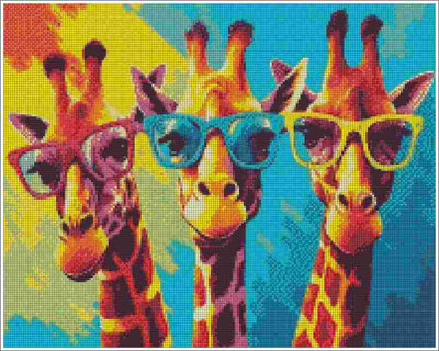 A colorful pop-art style illustration of three giraffes wearing sunglasses, with a bright blue and yellow background. Cool Giraffes - Diamond Painting