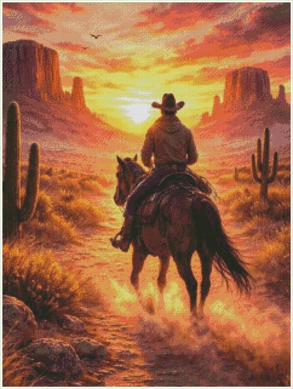 Cowboy on horseback crossing a stream in a desert landscape with cacti and buttes at sunset. Cowboy Diamond Art