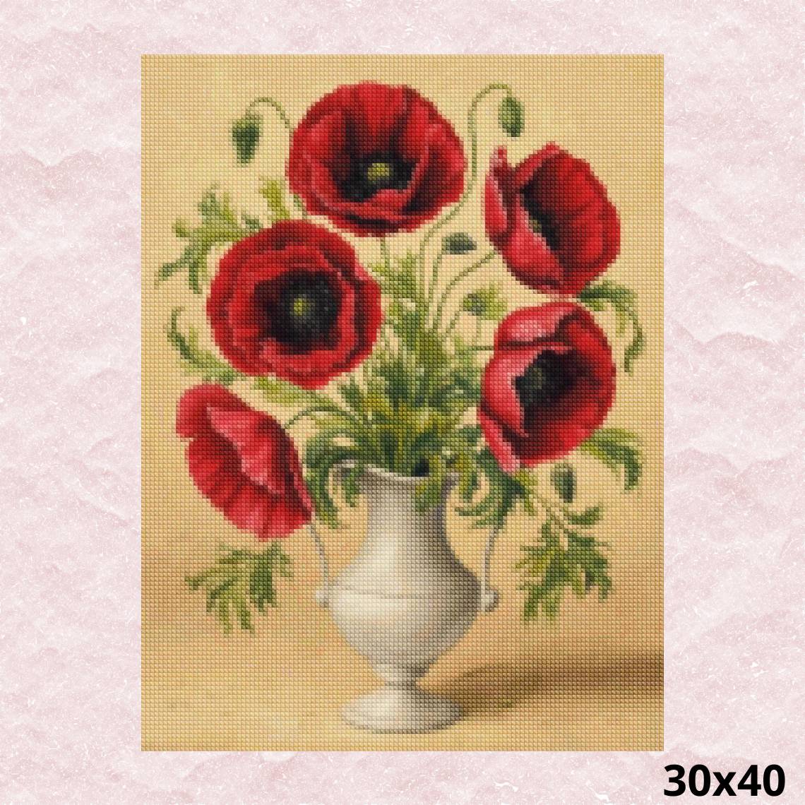 Crimson Poppies in Vase 30x40 - Diamond Painting