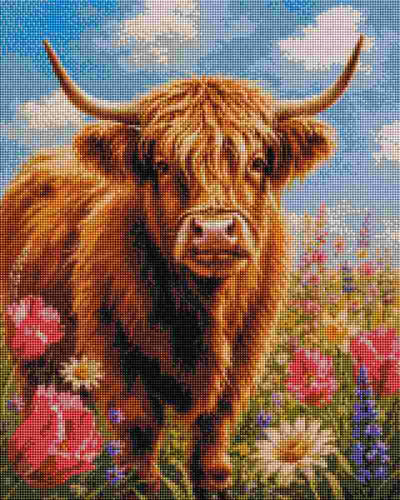 An artwork of a shaggy brown Highland cow standing in a flower field under a blue sky with clouds. Cute Highland Cow - Diamond Art
