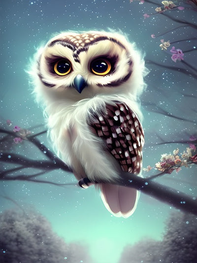 A stylized digital illustration of a fluffy owl perched on a branch against a dreamy blue night-sky background with blossoms and small stars. Cute Owl on Cherry Tree - Diamond Painting