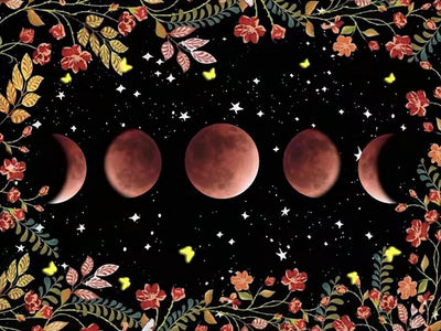 A decorative celestial print featuring a moon phase sequence across a black starry sky, framed by floral and leafy borders in warm red, orange, and gold tones. Cycle of the Moon - Diamond Painting