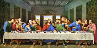 A classical painting depicting the Last Supper, showing Jesus and the twelve apostles seated around a long table in an interior room with windows and patterned wall panels. Leonardo Last Supper - Diamond Painting Kit