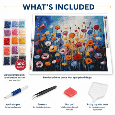 Diamond painting kit contents with adhesive canvas, 30% extra drills, applicator pen, tweezers, wax pad and sorting tray