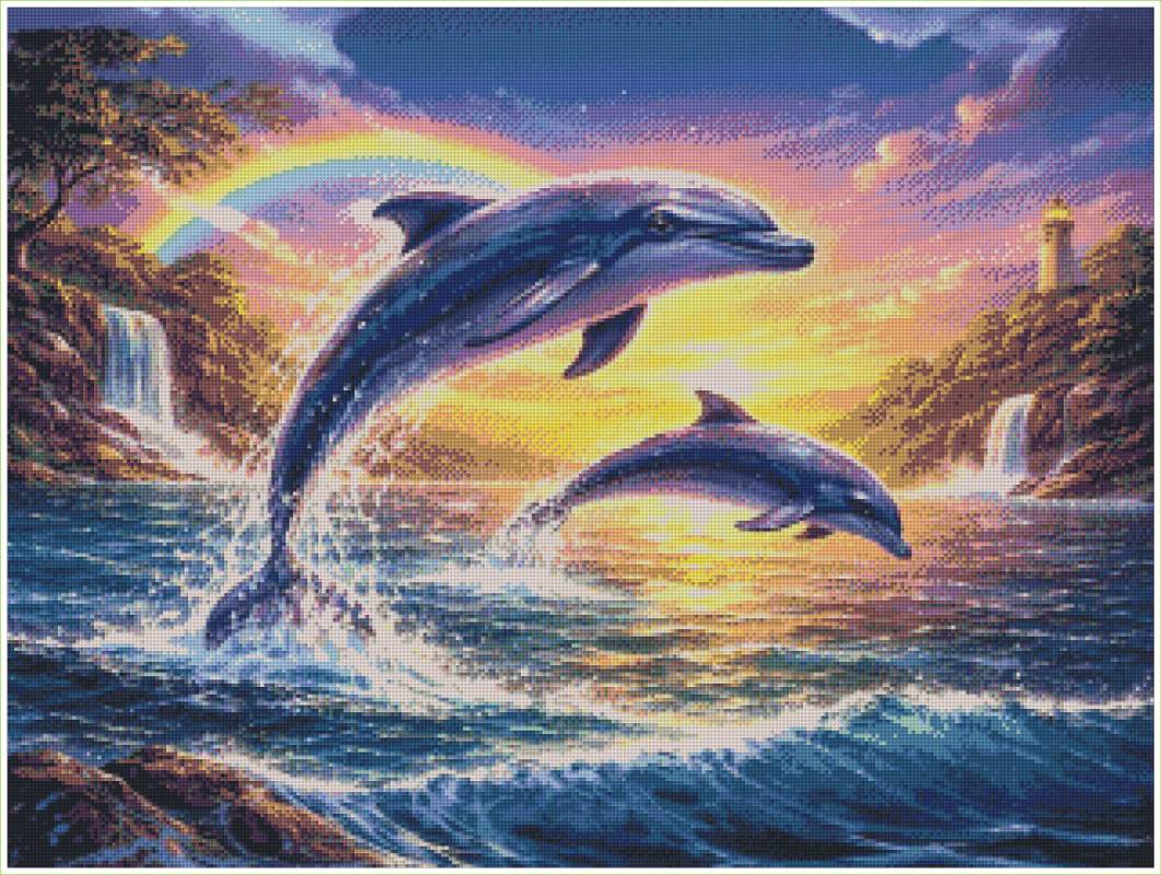 Two dolphins leaping out of the water with a rainbow and lighthouse in the background. Dolphins Love - Diamond Art