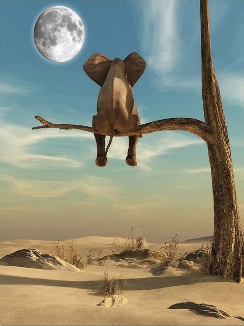 A surreal desert landscape with sand dunes, a large tree trunk on the right, and a moon in the sky. A brown elephant sits on a branch extending from the tree, facing away from the viewer. Elephant watching moon - Diamond Painting