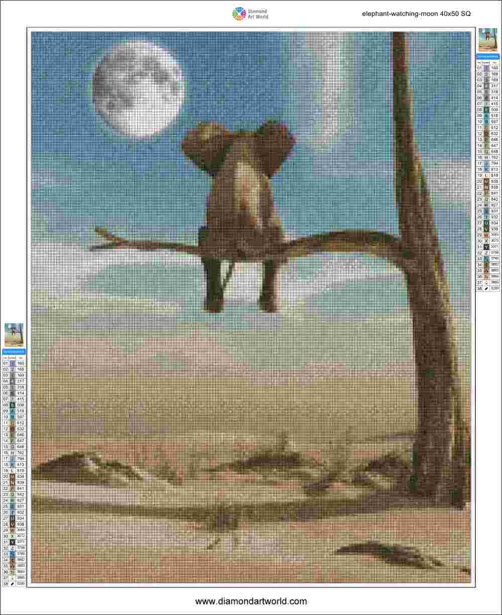 Elephant watching moon - Diamond Painting Layout