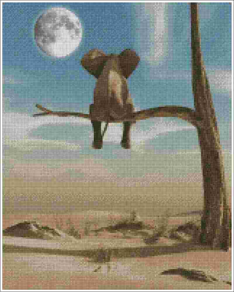 A surreal landscape artwork showing a large elephant sitting on a bare tree branch under a full moon, with a pale blue sky and a desert-like ground in the background. Elephant watching moon - Diamond Painting
