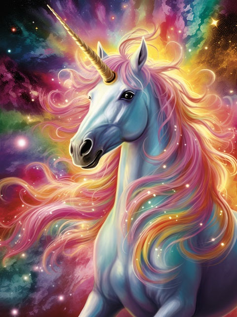A colorful fantasy illustration of a unicorn with a gold horn and flowing pastel mane against a galaxy-like cosmic background with stars and nebulae. Ethereal Dance of Stars and Mane - AB Diamond Art
