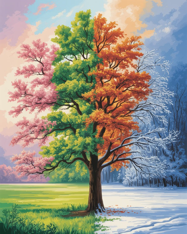 Tree with four seasons depicted in a single image. Four Seasons Tree - Diamond Painting