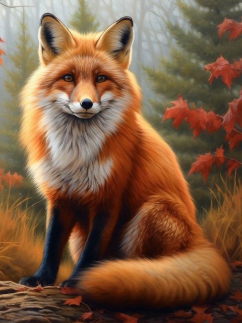 A digital painting of a red fox sitting in an autumn forest, featuring warm orange and brown fur with a white chest, set against a background of pine trees and red leaves. Fox on Meadow - Diamond Painting