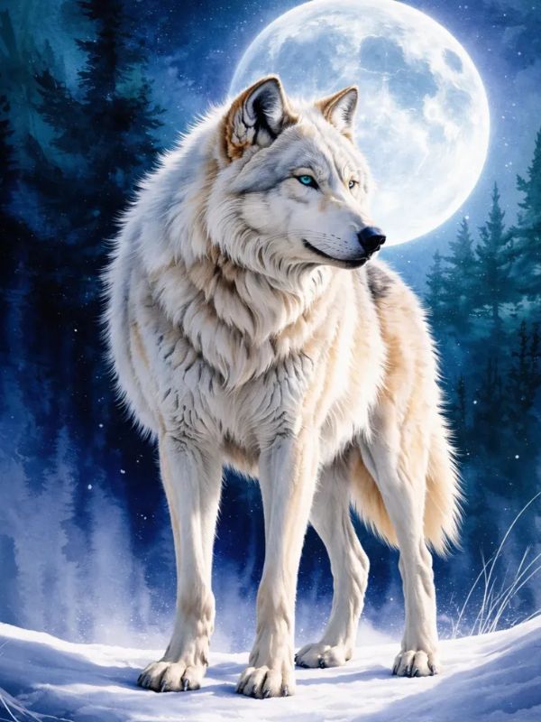 Wolf standing in a snowy landscape with a full moon in the background. Fullmoon Wolf - Diamond painting