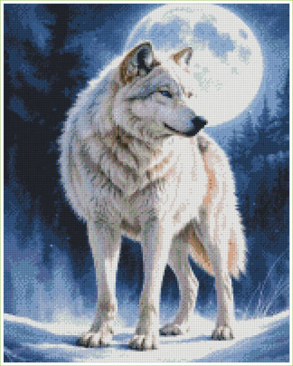 Wolf standing in front of a full moon with a dark forest background. Fullmoon Wolf - Diamond art