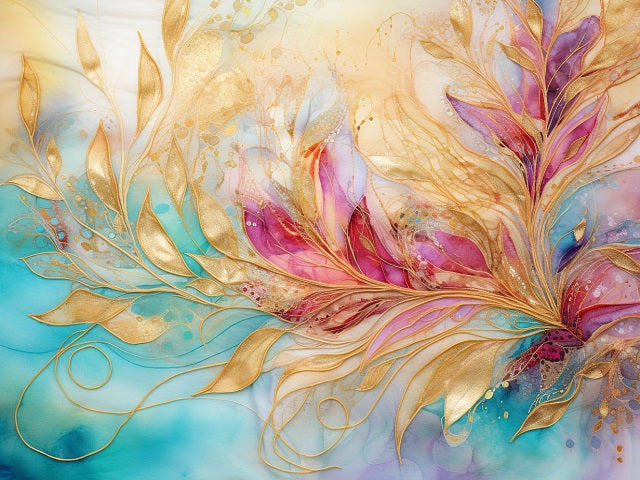 Abstract artwork with flowing gold and pink designs on a multicolored background. Gold Kissed Marble - AB Diamond Painting
