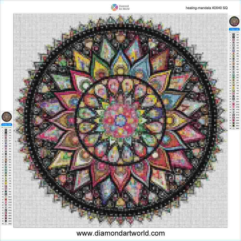A colorful diamond painting canvas design featuring a detailed circular mandala pattern with many small colored diamond-like squares. The design has a white grid background with a color legend on the left and right sides, and the brand name Diamond Art World is visible at the top and bottom.