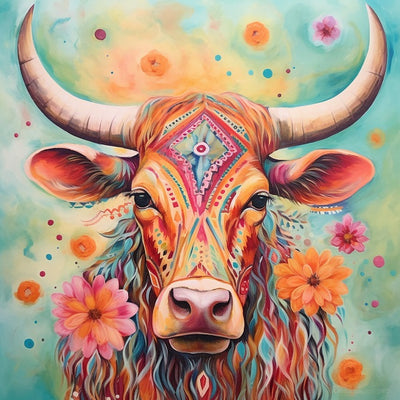 Vibrant bohemian-style painting of a horned cow face with colorful geometric patterns, surrounded by pink and orange flowers on a teal background. Hippie Texas Longhorn - Diamond Painting