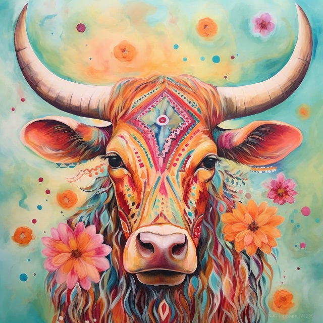 Vibrant bohemian-style painting of a horned cow face with colorful geometric patterns, surrounded by pink and orange flowers on a teal background. Hippie Texas Longhorn - Diamond Painting