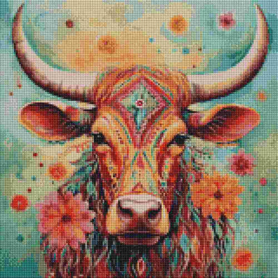 A colorful  artwork of a horned bull or cow face with floral details on a teal and cream background. Hippie Texas Longhorn - Diamond Art