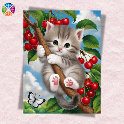 Kitten Hanging on Cherry Tree - Diamond Painting