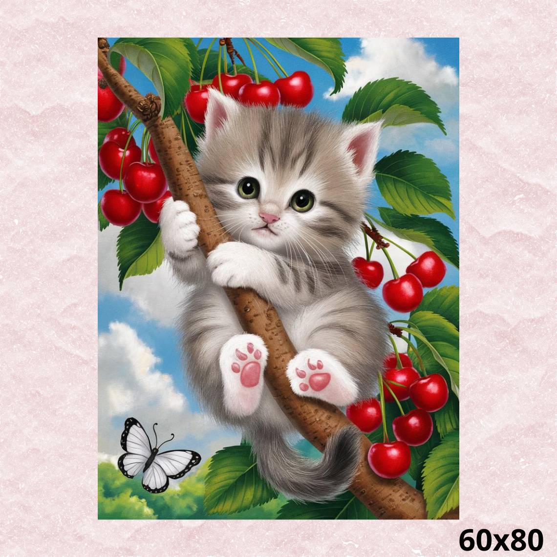 Kitten Hanging on Cherry Tree 60x80 - Diamond Painting