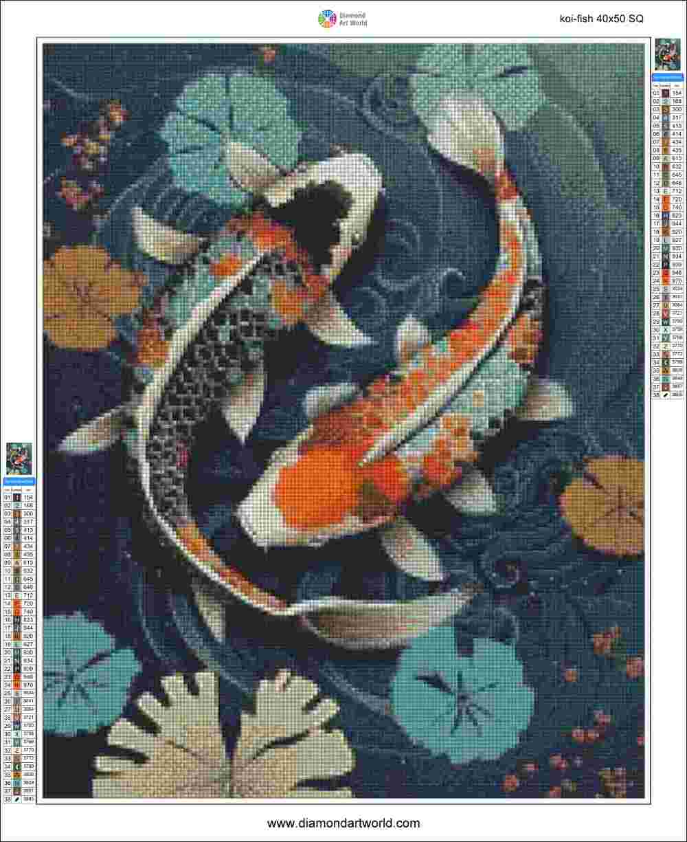 A diamond painting canvas design featuring two koi fish swimming among lily pads on a dark blue water background. The design includes a brand logo at the top, a color chart on the right, and a color strip on the left.