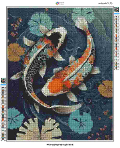 A diamond painting canvas design featuring two koi fish swimming among lily pads on a dark blue water background. The design includes a brand logo at the top, a color chart on the right, and a color strip on the left.