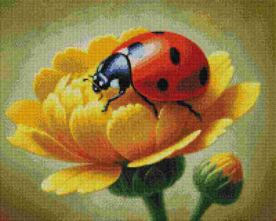 A close-up floral artwork showing a red ladybug with black spots crawling on a yellow flower, with a second bud below and a soft beige-green background. Ladybug and Flowers - Diamond Art
