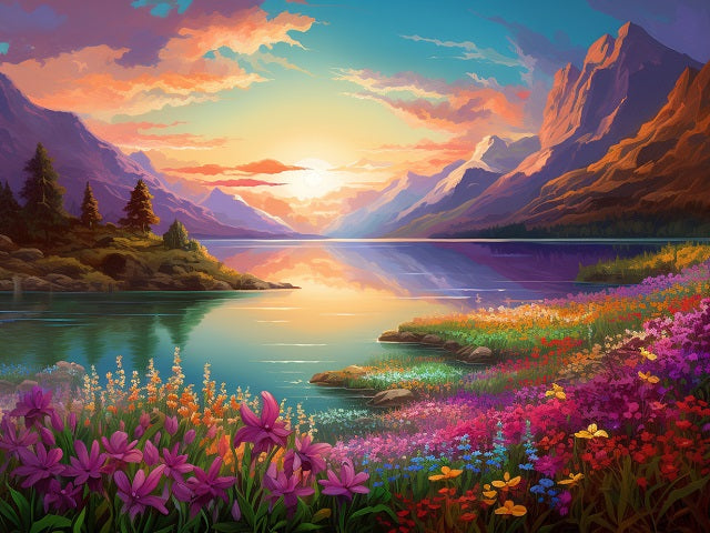 A colorful landscape painting of a mountain lake at sunset, with wildflowers in the foreground, mountains on both sides, and a glowing sun reflecting on the water. Lake in Alps - Diamond Painting