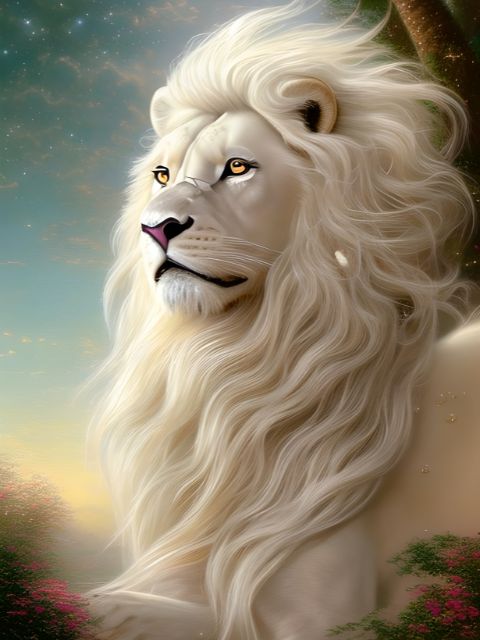 A digital painting of a majestic white lion with a long, flowing mane and golden eyes, set against a dreamy sky background with soft clouds and trees. Majestic White Maned Lion - Diamond Painting