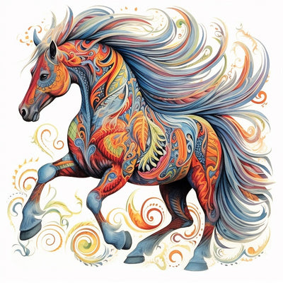 A vibrant, stylized illustration of a galloping horse filled with intricate swirling patterns in blue, orange, red, yellow, and cream on a plain white background. Mandala Horse - Diamond Painting