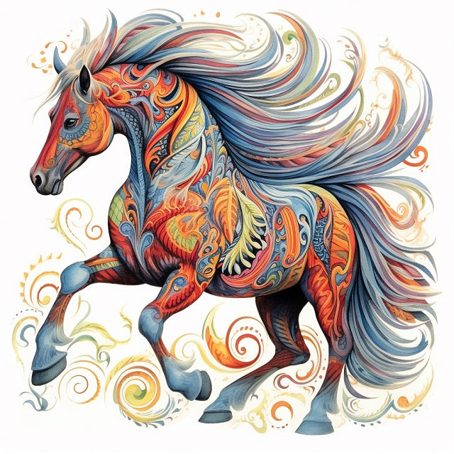A vibrant, stylized illustration of a galloping horse filled with intricate swirling patterns in blue, orange, red, yellow, and cream on a plain white background. Mandala Horse - Diamond Painting