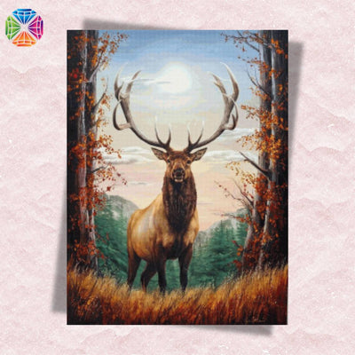 Elk diamond painting showing majestic elk standing in forest with mountains in background