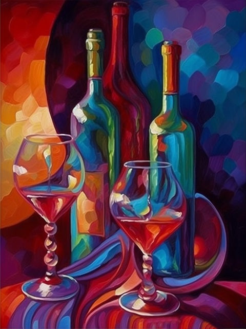 Colorful still life painting of three wine bottles and two wine glasses on a draped surface, rendered in bold brushstrokes with red, blue, purple, orange, and green tones. Mosaic Bottles - Diamond Painting
