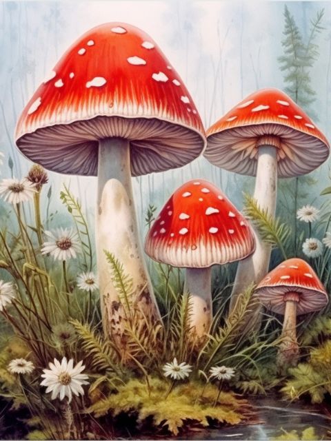 A vintage-style illustration of several red-and-white spotted mushrooms growing among green ferns and small white flowers in a misty forest setting. Mushrooms - Diamond Art World