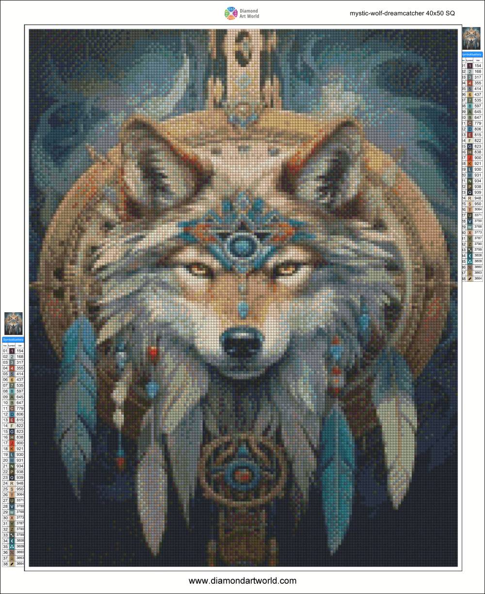 Wolf with tribal design and feathers in front of a dreamcatcher on a dark background. Mystic Wolf Dreamcatcher - Diamond paintig layout