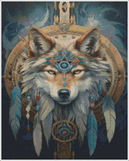 Wolf with tribal design and feathers in front of a dreamcatcher. Mystic Wolf Dreamcatcher - Diamond art