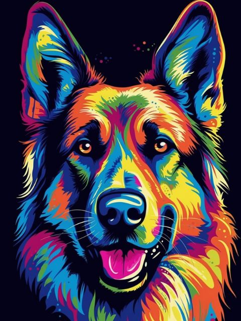 Colorful abstract painting of a dog's face on a black background. Neon dog - Diamond Painting