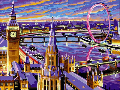 A colorful cityscape artwork showing London landmarks, including Big Ben, the London Eye, bridges over the river, and red buses, rendered in a stylized painterly palette with purple, blue, yellow, orange, and pink tones. Night London - Diamond Painting