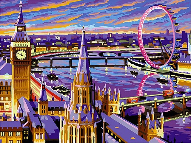 A colorful cityscape artwork showing London landmarks, including Big Ben, the London Eye, bridges over the river, and red buses, rendered in a stylized painterly palette with purple, blue, yellow, orange, and pink tones. Night London - Diamond Painting