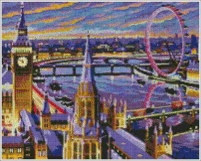 A cityscape artwork of London featuring Big Ben, Westminster Bridge, the London Eye, and a river reflecting warm sunset colors. Night London - Diamond Art