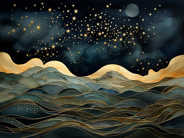Starry night sky over wavy landscape. Nightscape over Gilded Tides - AB Diamond Painting