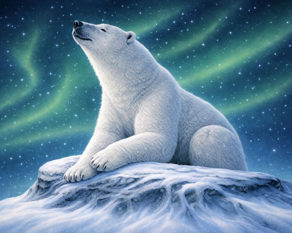 Polar bear sitting on a snowy rock with the Northern Lights in the background. Polar Bear - Diamond Painting