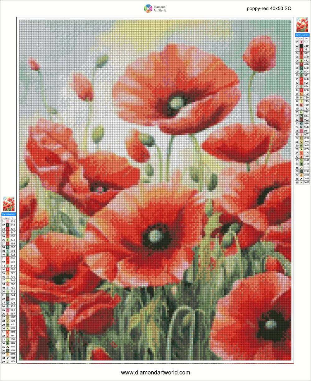 Diamond painting of red poppies with a software interface overlay. Beautiful Poppy Flowers - Diamond Painting Layout