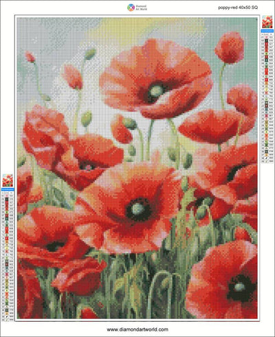 Diamond painting of red poppies with a software interface overlay. Beautiful Poppy Flowers - Diamond Painting Layout