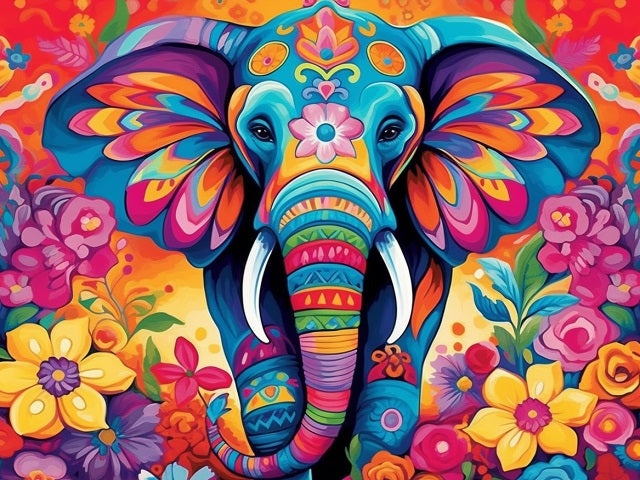 Vibrant colorful digital illustration of an elephant surrounded by flowers, featuring bright blue, pink, orange, yellow, and purple tones with intricate patterns. Purple Elephant - Diamond Painting