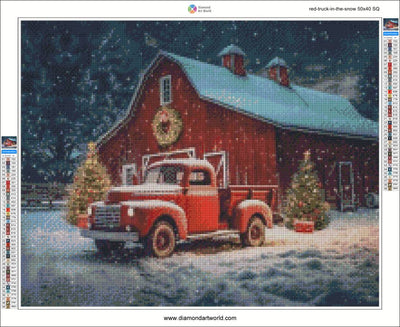 Red Truck in the Snow - Diamond Painting Layout